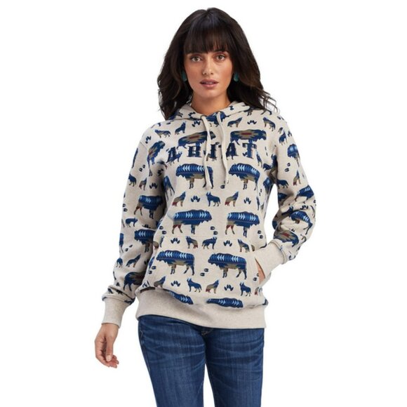 Ariat Women's Real Buffalo Border Allover Print Pullover Hoodie Small Santa Fe S - Picture 1 of 12